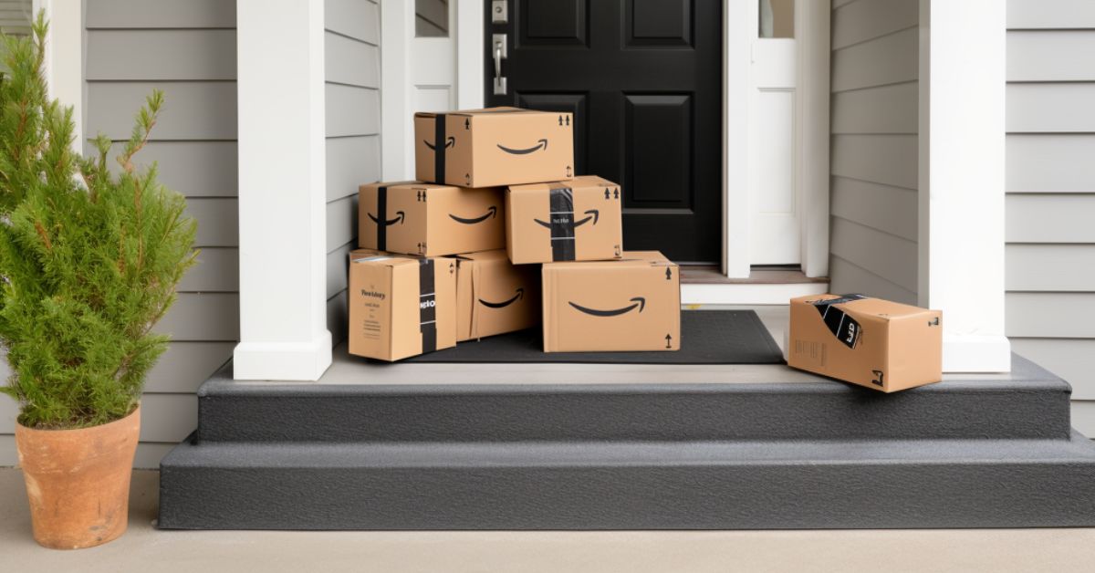 a pile of cardboard boxes on a porch