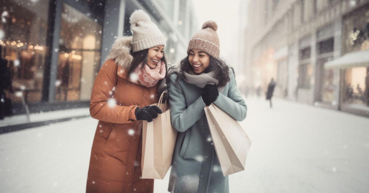 two women holding shopping bags in the snow